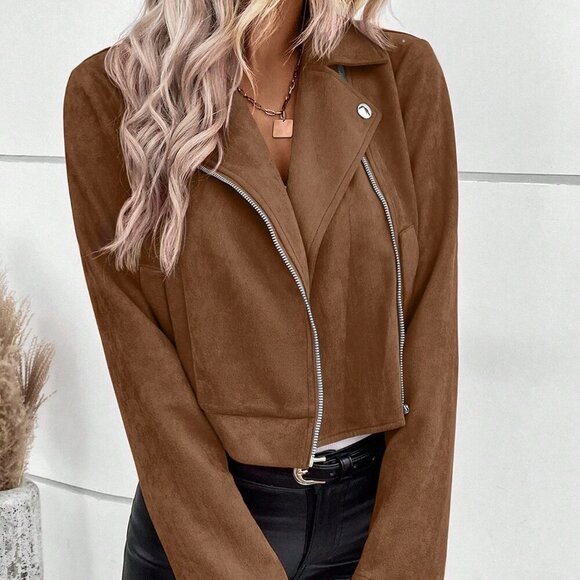 Coffee Brown Casual Women's Lapel Collar Zipper Crop Jacket - Picture 7 of 8